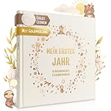 EULENTALER® Babyalbum - Mein erstes Jahr I Mit echtem Leinencover & Goldprägung I Von Pädagogen gestaltet I Handgemalten süße Illustrationen I 21x21 cm I Babytagebuch Boho mit allen Meilensteinen