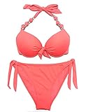 EONAR Damen Seitlich Gebunden Bikini-Sets Abnehmbar Bademode Push-up-Bikinioberteil mit Nackenträger, (Größe:34-36)70B/75A/75B, Living Coral