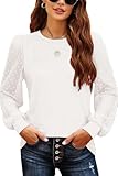 Teesho Damen Langarmshirt Elegant Oberteile Spitze Ärmel Blusen Herbst Shirts Basic Tops Tunika(weiß/L)