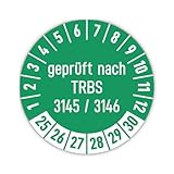 Aufkleber: ⌀ 15 mm, 60 Stück, grün, Mehrjahresprüfplakette, 2025, 2026, 2027, 2028, 2029, 2030, Hochleistungsfolie, Sprache: deutsch, Text: geprüft nach TRBS 3145/3146