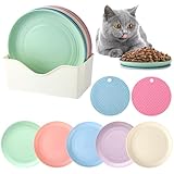 10 Stück Katzennapf Flach mit 2 Antirutsch Matte, Kreisförmige Futternapf Katze Flach mit Aufbewahrungsbasis, Bunt Katzen Napfset, Katzenteller Flach für Kätzchen und Kurzbeinige Katzen