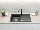 Faizee Möbel | Spülbecken Granit Schwarz 75x44 cm | Hochwertige Küchenspüle & Einbauspüle | Eckiges Spülbecken | Beidseitig montierbare Granitspüle | Einbaugranitspüle ab 45 cm | Inkl. Siphon-Set