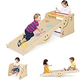 COSTWAY Kletterdreieck mit Rutsche, 6 in 1 Klettergerüst Indoor, inkl. höhenverstellbarem Tritthocker und Wippe, Kletterleiter Holz, Indoor Spielplatz für Kinder ab 3 Jahren