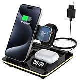 HATALKIN 5 in 1 Apple Induktive Ladegerät,iPhone Faltbar Ladestation Kompatibel mit iPhone 16 Pro Max/Pro/Plus/15/14 Apple Watch 10/Ultra 2 AirPods Pro 2/4/3,Wireless Charger mit Wecker und Nachtlicht