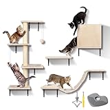 Zvonema Kletterwand Katzen, Katzen Wandelemente, 10-Teilig Katzen Kletterwand Set, Stabiler Holz Katzenmöbel, Katzenwand mit Große Hängebrücke, Kratzbaum, Katzenhaus, Plattform, für mehr Spielspaß