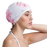 COPOZZ Erwachsene Badekappe, Unisex Wasserdicht Schwimmkappe für Herren Damen, Lange Haare Silikon Swimming Cap Bademütze für Männer Frauen (Blumen-Kirsche)
