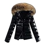 Beokeuioe Wintermantel Glänzender Daunenjacke Steppjacke Damen Winterjacke Kurze Outwear Frauen Winter Daunenmantel Mit Faux Pelzkragen Steppmantel Übergangsjacke Puffer Jacket