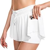 Flowy Shorts für Damen, 2-in-1, hohe Taille, athletische Schmetterlings-Shorts mit Tasche für Fitnessstudio, Laufen, Yoga, Tennis, Weiss/opulenter Garten, X-Groß