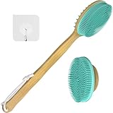Badebürste mit lange Griff aus Bambus und doppelseitige Silikonkopf zur Rückenreinigung und Kopfmassage einschließlich ein Gesichtsbürste