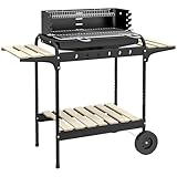 Outsunny Holzkohlegrill aus Metall BBQ Smoker mit Räder, höheverstellbar Grillrost, Holzablage, fahrbar Grillwagen Holzkohle Grill, Kohlegrill für Barbeque Camping, Terrasse, 103x47x95 cm