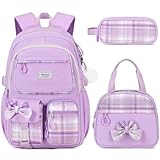 Bevalsa Schulrucksack Mädchen Teenager Schulranzen mit Lunchbag und Federmäppchen, Schleife kariert Freizeit Rucksack Groß Wasserdicht School Bag Backpack Daypacks für Kinder Damen (Violett)