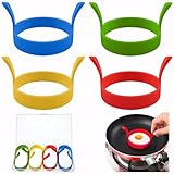 4 Stück Spiegeleiform, 8cm Silikon Eier Ring Antihaft Omelettform mit Griffen Hitzebeständig Egg Ring Zum Hamburgerpastetchen Desserts(Blau Gelb Grün Rot)