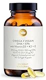 SUNDAY NATURAL® D3 K2 + Omega 3 Kapseln Vegan – 1.000IE Vitamin D3 + 25µg Vitamin K2 MK7 – ≥99,8% All-Trans, 580 mg Omega 3 - DHA + EPA pro Kapsel – 90 Softgel Kapseln hochdosiert – Laborgeprüft