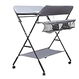 NiuLifeya Babywickeltisch Tragbarer Klappbarer Wickeltisch Maximale Belastung 25 Kg Wickeltisch Mit Aufbewahrungskorb Sicherheitsgurt Und 4 RäDern Mit Bremse HöHenverstellbar Grau