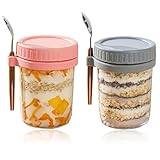 Wzhtuzi Overnight Oats Glasses, Glas Müslibecher to go, 2er Set 350ml Overnight Oats Behälter mit Löffel, Müslibecher to Go Glas für Overnight Oats, Jogurt, Früchte, und Salate, Grau und Rosa