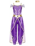 Riismen Arabische Prinzessinnen-Kleidung für Mädchen Glitzer-Overalls Halloween-Kostüm Bauchtanz-Outfit für Auftritte Lila 134-140
