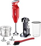 bamix Stabmixer Set M200 Chef's favorite inkl. Ständer, 1 Becher, 3 Aufsteckteile, Hacker, Reinigungsbürste, 200 Watt, Made in Switzerland, Rot/Chrom