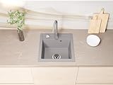 Faizee Möbel | Hochwertige beidseitig montierbare Granitspüle 48 x 50 cm in Grau – Eckige Einbauspüle inkl. Siphon-Set für Unterschränke ab 45 cm