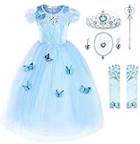 JerrisApparel Aschenputtel Kleid Prinzessin Kostüm Schmetterling Mädchen (150, Himmel Blau mit Zubehör)