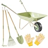 ROBUD Kinder-Schubkarren-Garten-Set mit Laubbesen, Schaufel, Hacke und Handschuhen, 6-teiliges Gartenspielzeug für Kleinkinder ab 3 Jahren, Outdoor-Gartengeräte für Jungen und Mädchen, Gartengeschenke