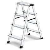 SONGMICS Leiter, Trittleiter, Aluleiter mit 4 rutschfesten Stufen, klappbar, Stehleiter, Mehrzweckleiter, bis 150 kg belastbar, Silbergrau-tintenschwarz GLT014E01