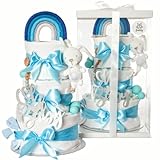 XXL Handgemachte Windeltorte Junge mit Geschenkverpackung, Kuscheltier, Bio Mulltücher, Grußkarte, Söckchen, Pampers Windel, Geschenk zur Geburt, Babyparty, Geburtsgeschenk Junge (Babyblau)