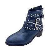 Damen Stiefel Mädchen Kurz Bootie Cowboy Motorrad Lederschuhe Stiefeletten Jack Lammfell (Blue, 35)
