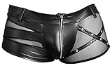 Orion Herren-Pants - erotische Boxer-Shorts für Männer, mit Front-Reißverschluss, unterlegtem Netz-Stoff, Leder-Optik-Gürtel, Nieten-Verzierungen, schwarz