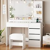 ANWBROAD Schminktisch mit LED Beleuchtung und Hocker, Glasplatte, Schminktisch mit Steckdosen und Großem Spiegel, Frisiertisch mit 5 Schubladen Offenen Regalen, Modern Weiß BDT74W