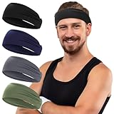 4 Stück Stirnband Herren, Elastisch Breites Haarband Sport Männer Atmungsaktiv Schweißband Stirn rutschfest für Fitness Laufen Basketball (Schwarz, Dunkelgrau, Marineblau, Armeegrün)