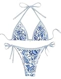 Happy Cherry 2-Teiliges Bikini-Set für Damen Neckholder-Badeanzug Schnürung Muschelverzierung Niedriger Taille Badeanzug Blau S