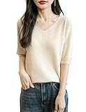 Chanyarn Damen 100% Merinowolle Kurzarm Pullover 2025 Frühjahr Sommer Winter V-Ausschnitt Weich Leicht Nahtloser Strickpullover Sweatshirt (Beige,XL)