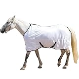 Gallopoff Fliegendecke für Pferde, atmungsaktive Sommerdecke mit UV-Schutz und Kratzschutz, mit verstellbarem Brustverschluss, Kreuzgurt und Beinschnüren Weiß 140 cm