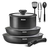 BEZIA Pfannenset mit abnehmbarem Griff, Pfannen Set mit Keramikbeschichtung, Induktions Pfannen Set 9-tlg mit Küchenutensilien, für alle Herdarten, stapelbares Design, Spülmaschinen-/Ofenfest