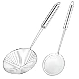 Omnikryp 2 Stücke Schaumlöffel, Schaumkelle aus Edelstahl, Spinnen Sieb mit Langem Griff, Siebkelle für Tägliche, Dünsten und Fritieren, Schöpfen, Durchmesser: 14 cm, 12 cm, Spülmaschine