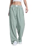 Rapbin Damen Pyjamahose Leichte Lang Baumwolle Weich Schlafanzughose Kariert Sommer Nachtwäsche Freizeithose Grün