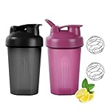 Protein Shaker, Proteinshaker Flasche,Shaker Proteinshake,400ml Eiweiß Shaker, proteinshaker mit Messskala & Kugel für Fitness Eiweiß, Auslaufsicherer Deckel mit Schlaufe (Schwarz+Lila)