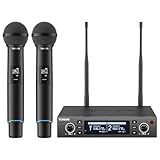 TONOR Mikrofon Kabellos Wiederaufladbares, UHF Funkmikrofon Set, 2x100 einstellbare Funk Metall Wireless Microphone mit Lichtring, Auto Scan, 100m Reichweite für Gesang Karaoke Kirche Party, TW750