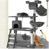 tectake Katzen Kratzbaum, Katzenbaum, Kletterbaum, 141cm hoch, Katzenhaus Indoor mit Hängematte, Höhle, Spielseil und Treppe, Plüsch Sisal, Katzen Kratzmöbel mit Spielzeug, extra breit - grau