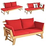 KOMFOTTEU Gartenbank aus Akazienholz, Liegestuhl mit Auflage, Sonnenliege mit Beiden Seiten verstellbar, Multifunktionsbank für Garten, Terrasse & Balkon (Rot)