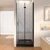 Duschtür Faltbar, 79-80cm x 195cm Duschglastür, 6mm ESG-Sicherheitsglas mit Explosionsschutzfolie und Nanobeschichtung Glas, Schwarz