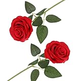 arrderly Rote künstliche Rosen, künstliche Rosen mit Stiel, realistische dekorative Blumen für Hochzeit, Haus, Garten, Geburtstagsparty, Dekoration, Rot, 2 Stück