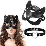 KUMSODE Catwoman Maske und Choker-Set, Katze Maske Leder Maske Katzenmaske Damen Schwarze Maskerade Maske Halbgesichtsmaske FüR Halloween Cosplay