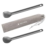 Navaris 2er Set Titan Besteck extra lang - 2in1 Outdoor Göffel Spork und Camping Löffel inkl. Tasche - Gabel Löffel Essbesteck Kombi - Reisebesteck