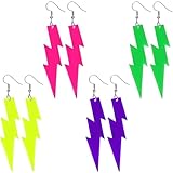 4 Paar Blitz Neon Ohrringe für Grün Violett Gelb Pinke,80er 90er Jahre Accessoires,Lightning Ohrhänger Neon Accessoires,Acryl Blitz Ohrringe Hängend Damen für Jahre Mottopartys,Halloween