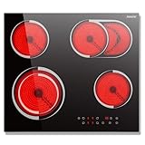 Glaskeramikkochfeld 4 Platten Einbau 6700W, Jessier Herdplatte 4 Kochfelder mit Doppelring Ovaler Grillfläche, Kochfeld Autark 60 cm, 9 Leistungsstufen, Pausenfunktion, Timer, Anti-Touch-Funktion