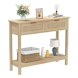 Trironsun Boho Rattan Konsolentisch mit 2 Schubladen 2-stöckiger Eingangstisch Bauernhaus Holz Sofa Tisch mit offenen Lagerung Regal für Wohnzimmer Flur Foyer