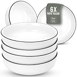 Suppenteller 6er Set Porzellan Scandi - weiß, Skandinavischen Design, Spülmaschinenfest - Stylishe Salat und Pasta Teller Tief Groß - Modernes Geschirr, Geschirrset von Pure Living