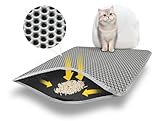 Katzenklo Matte 60x45 CM mit Klettverschluss und Großes Loch Design, Katzenstreu Matte Doppelte Wasserdichte und Rutschfeste, Katzenmatte Katzenklo Ungiftiges Material, Cat Litter Mat Grau