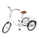 20 Zoll Dreirad für Erwachsene, 110kg Tragfähigkeit 3-Rad-Cruiser-Fahrrad Lastenfahrrad Einkaufen Dreirad Erwachsenendreirad, Single-Speed Schaltung Fahrrad mit Einkaufskorb für Herren Damen (Weiß)